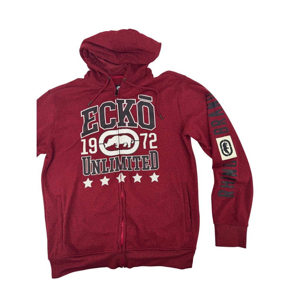 Ecko Unltd Full Zip Hoodie Mens Large Burgundy Graphic Rhino Logo Streetwear